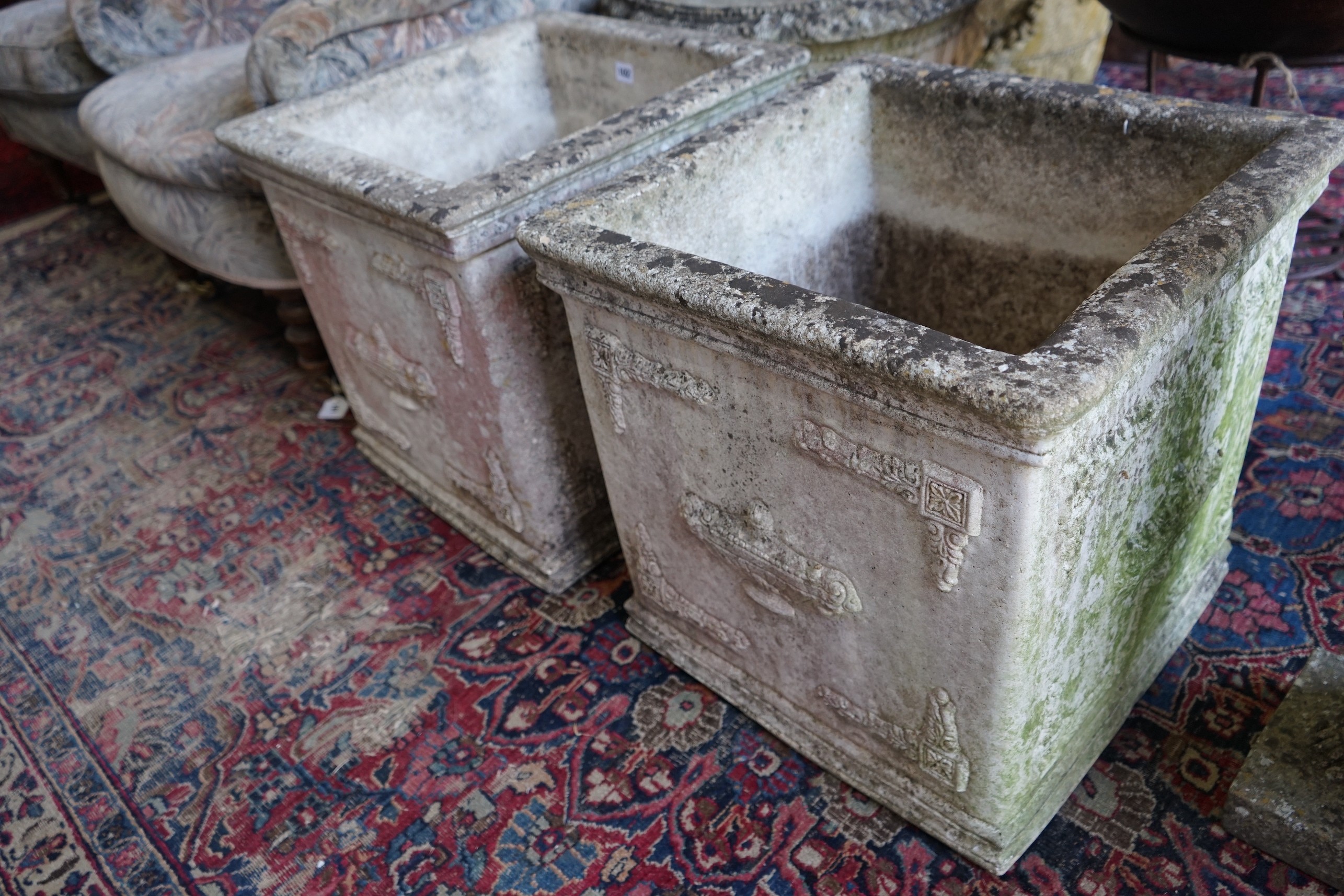 A pair of square reconstituted stone garden planters, width 50cm, height 49cm